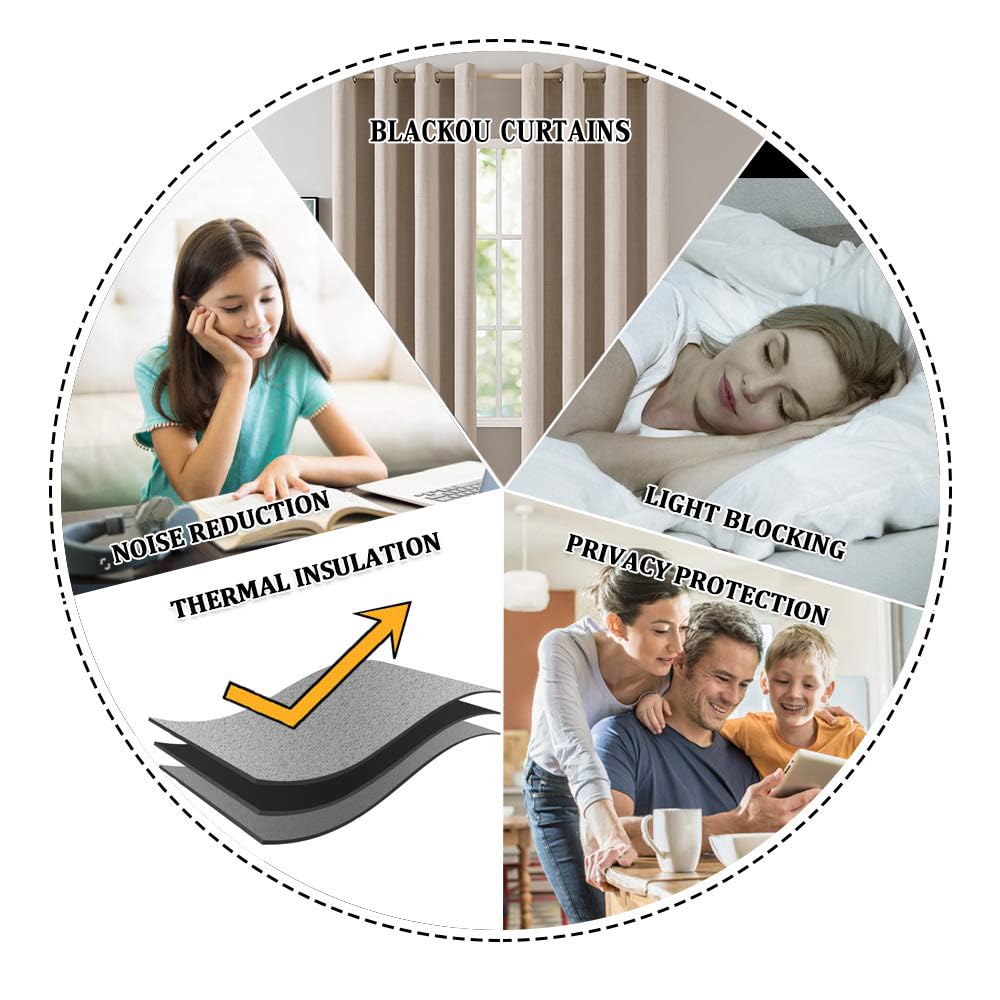 MIULEE 100% Blackout Linen Textured Curtains for Bedroom Solid Thermal Insulated Natural Beige Grommet Room Darkening Curtains & Drapes Luxury Decor for Living Room Nursery 52 x 84 Inch (2 Panels)