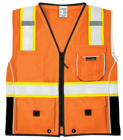 Kishigo Premium Black Series Heavy Duty Unisex Reflective Safety Vest 1514, ANSI Type R / Class 2 Compliant, 6 Pockets - Pencil & Radio Pockets, Reflective Silver Lining & Black Trim (Orange, XL)