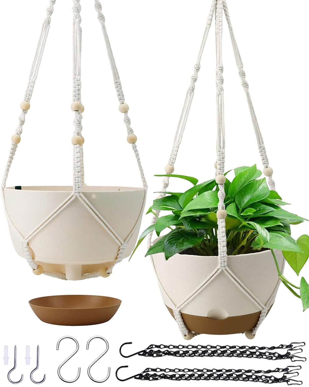 Koalaime Hanging Planter Self Watering 10 Inch, 2 Pack Indoor Outdoor Hanging Baskets, Hanging Flower Pots with Drainage Hole & 2 Kinds of Plant Hangers for Garden Home Decor(Cream)…