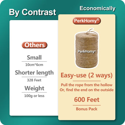 PerkHomy Natural Jute Twine 600 Feet Long Twine String for Crafts Gift Wrapping Packing Gardening Crochet Knitting Macrame Decor (Brown 2mm * 600feet)