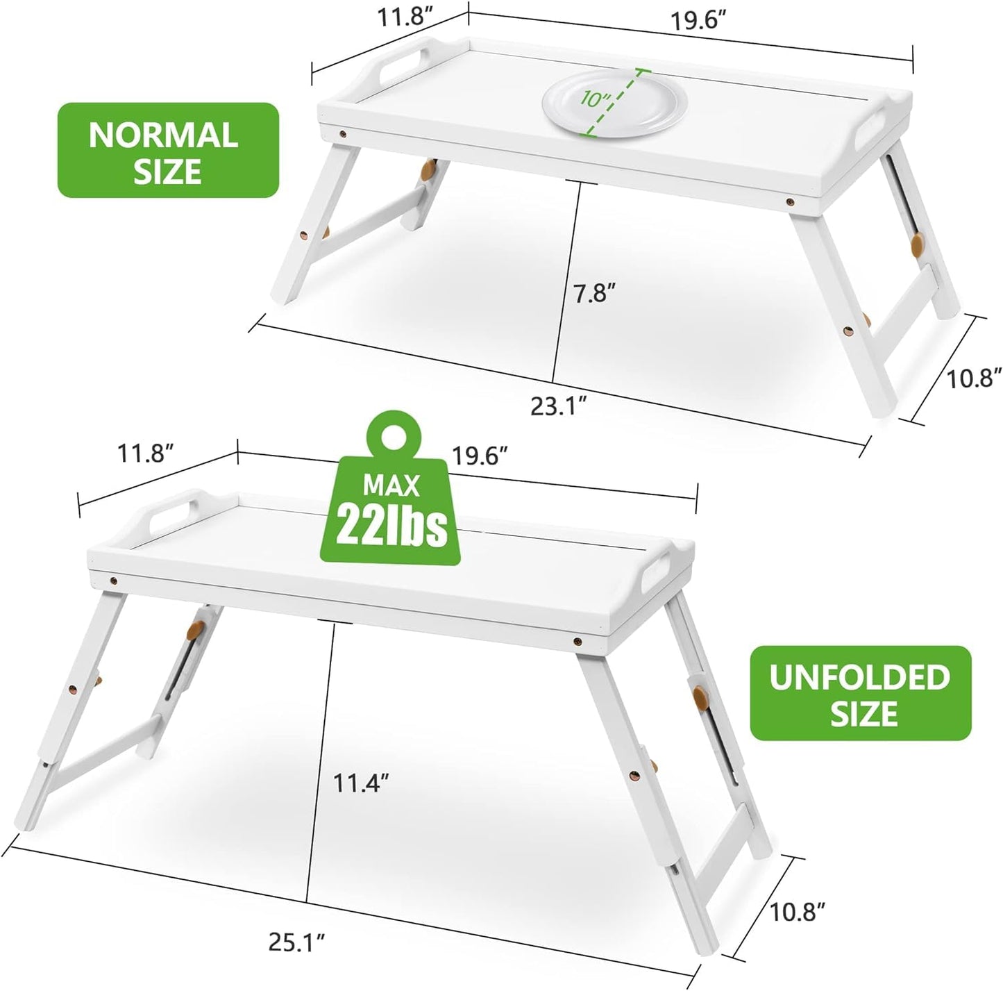Mayyol Large Breakfast Bed Tray for Eating - Height Adjustable Raised Food Table - Bamboo Serving Tray on Lap Sofa - Portable Snack Platter with Folding Legs Ideal for Bedroom Picnic - White