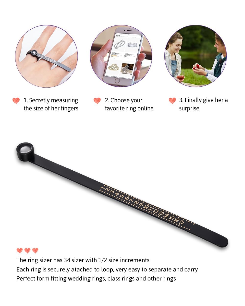 Meowoo Ring Sizer Measuring Tool with Magnifier, for Ring Measurer and Ring Sizer Clear and Intuitive Reading. Plastic Ring Sizer with Lens, 1-17