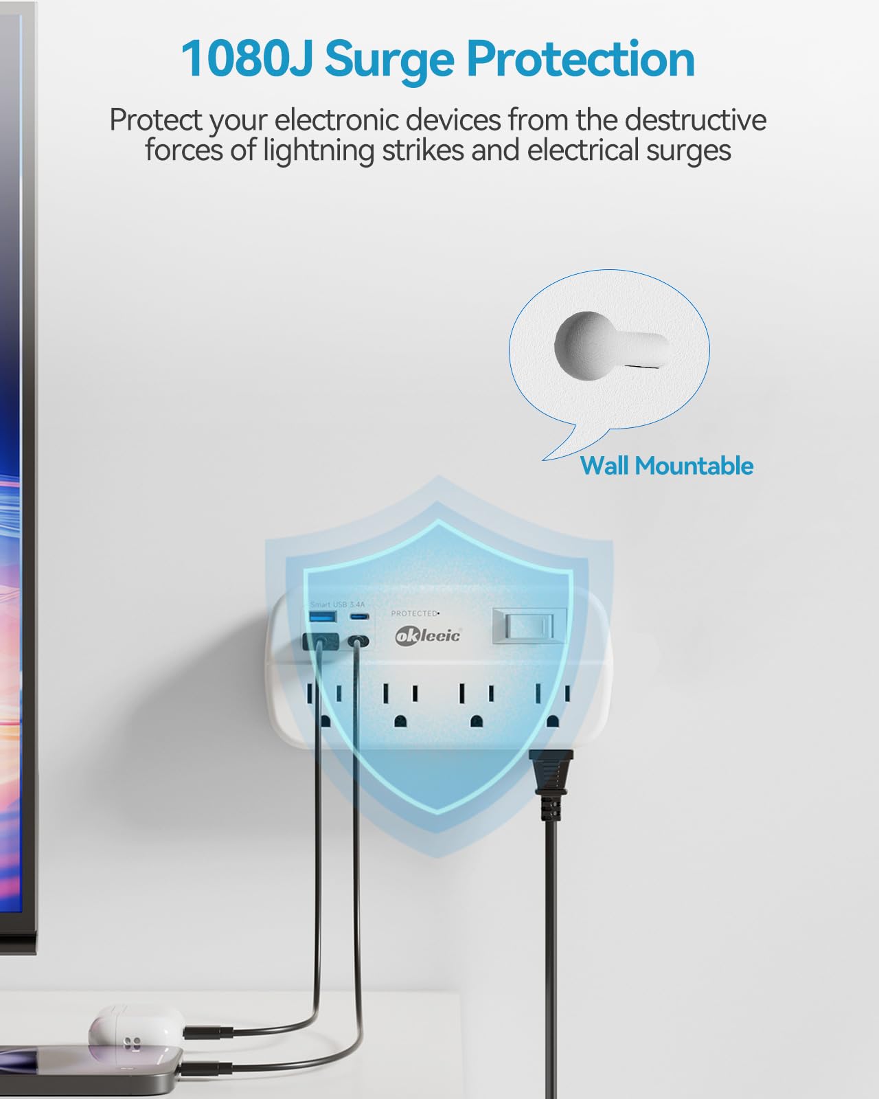 Power Strip with USB, 5Ft Travel Power Strip Surge Protector with 8 Outlets 4 USB(3.4A/17W) Charging Station, 13A/1625W 3 Prong Small Extension Cord Outlet Splitter, Wall Mount for Travel Office Dorm