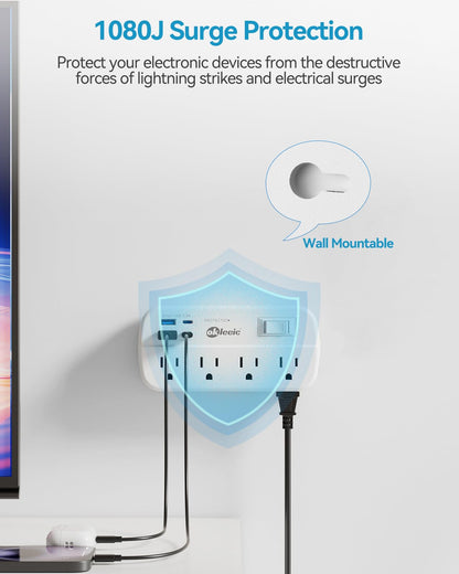 Power Strip with USB, 5Ft Travel Power Strip Surge Protector with 8 Outlets 4 USB(3.4A/17W) Charging Station, 13A/1625W 3 Prong Small Extension Cord Outlet Splitter, Wall Mount for Travel Office Dorm