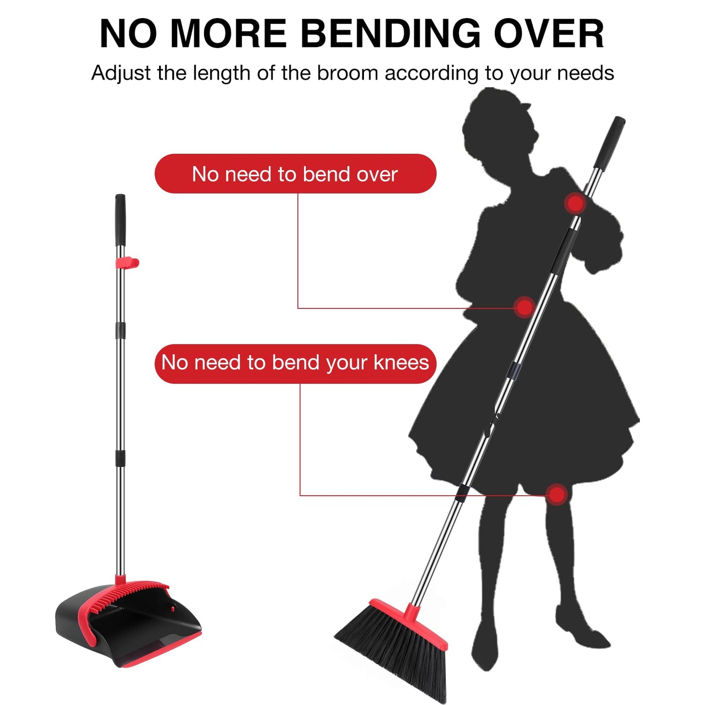 NACENA Broom and Dustpan Set, 52-in Long Adjustable Handle Broom Dustpan Combo with Dustpan Teeth to Automatically Clean Hair Suitable for Home Kitchen Office Hall Floor（Black&Red）