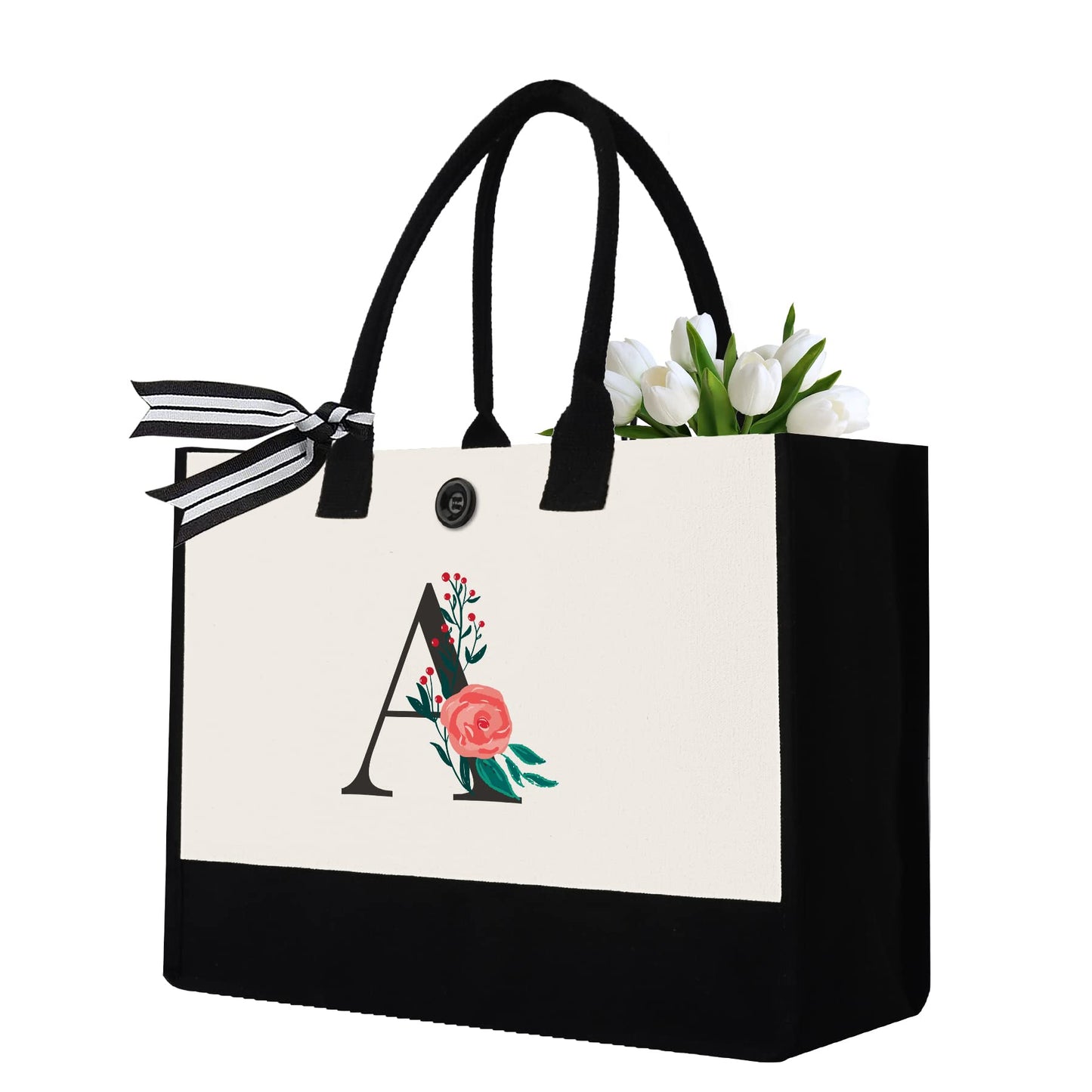 Initial Canvas Tote Bag, Personalized Birthday Gifts for Women Mom Friends Teachers, Monogrammed Tote Bags Suitable for Mother's Day Wedding Beach (Letter A)