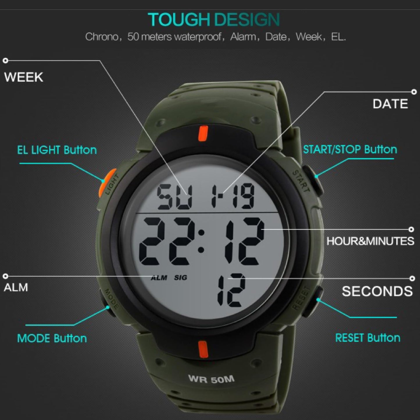 Mens Digital Waterproof Sports Watch LED Screen Large Face Military Watches for Men Casual Luminous Stopwatch Alarm Simple Army Watch