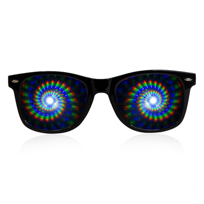 GloFX Black Frame Spiral Diffraction Glasses – Laser Etched for Hypnotic Spiral Light Effects, Flexible & Durable for Raves & Festivals