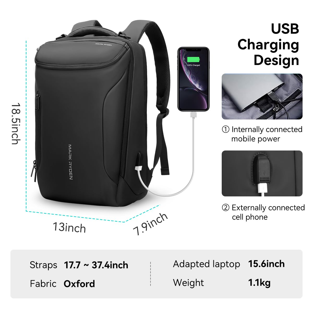 Muzee Backpack for Men Travel Backpack Flight Approved Fits 17 Inch Laptop and Tech Gear, With USB Plug