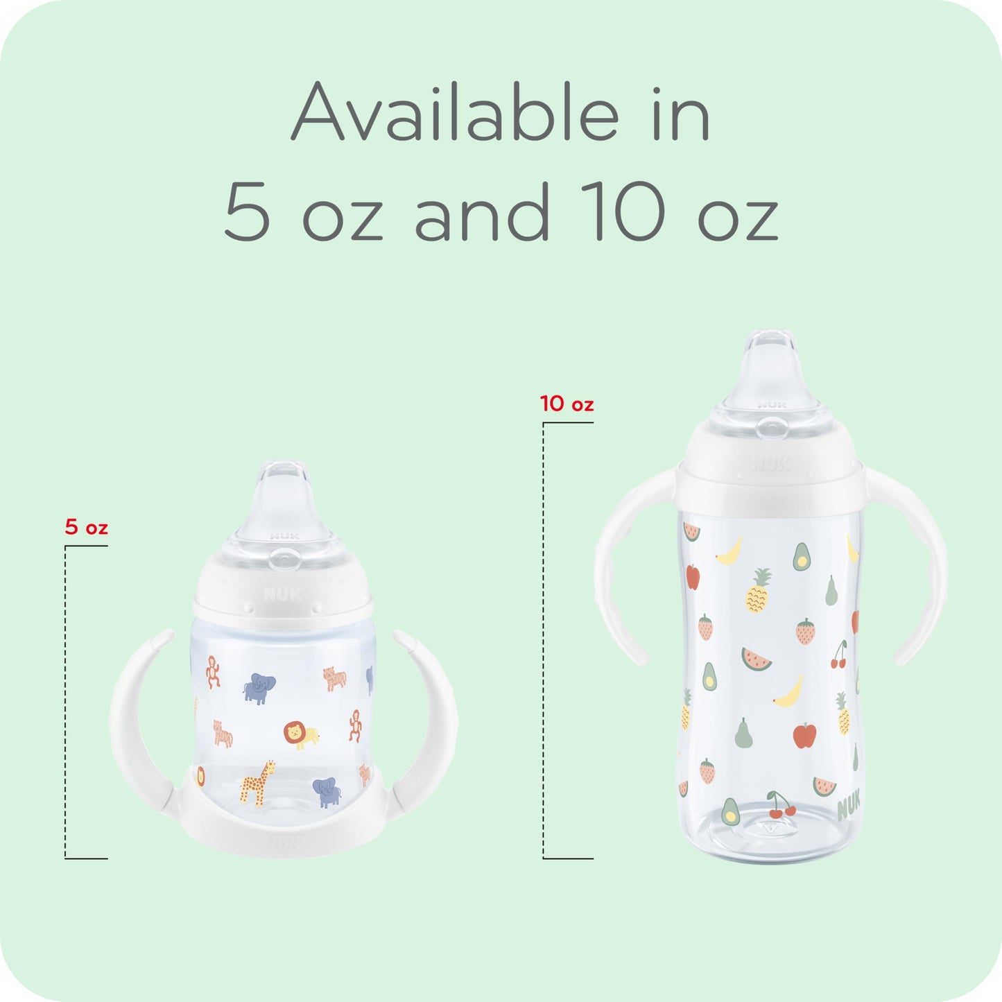 NUK Learner Cup, 8+ Months, Fun Fruits and Animals, Amazon Exclusive Collection, 10 Oz, Pack of 2, BPA-Free, Soft Spout, Spill Proof Sippy Cup