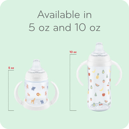 NUK Learner Cup, 8+ Months, Fun Fruits and Animals, Amazon Exclusive Collection, 10 Oz, Pack of 2, BPA-Free, Soft Spout, Spill Proof Sippy Cup