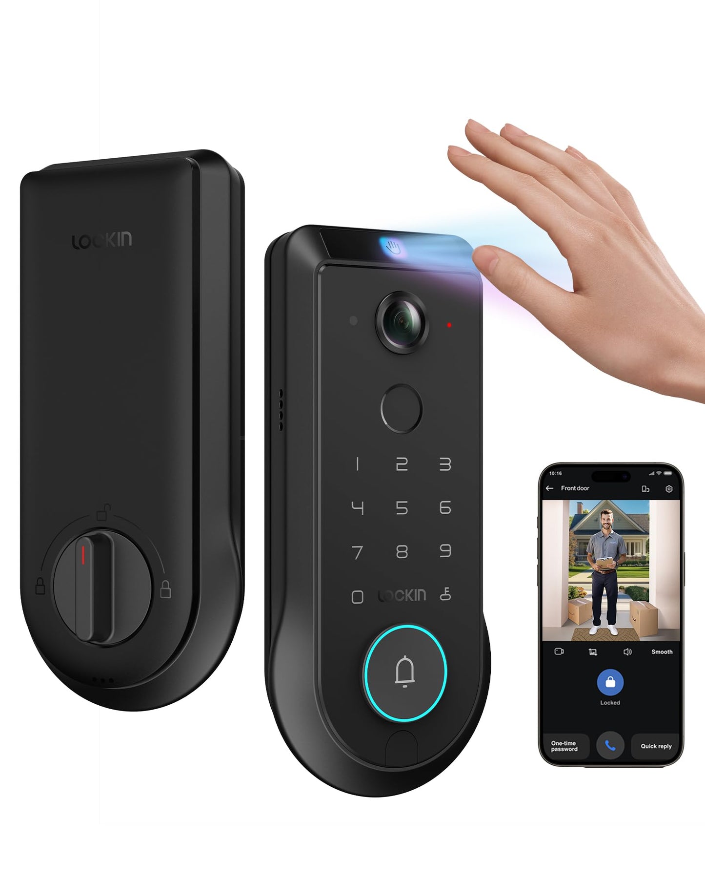Lockin Veno Pro Palm Vein Video Smart Lock with 2K 180° Camera, Fingerprint Recognition, AI Motion Detection, IP65 Weatherproof, Remote App Control, 32GB Built-in Storage, No Monthly Fee