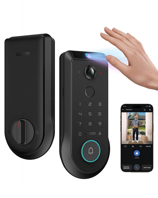 Lockin Veno Pro Palm Vein Video Smart Lock with 2K 180° Camera, Fingerprint Recognition, AI Motion Detection, IP65 Weatherproof, Remote App Control, 32GB Built-in Storage, No Monthly Fee