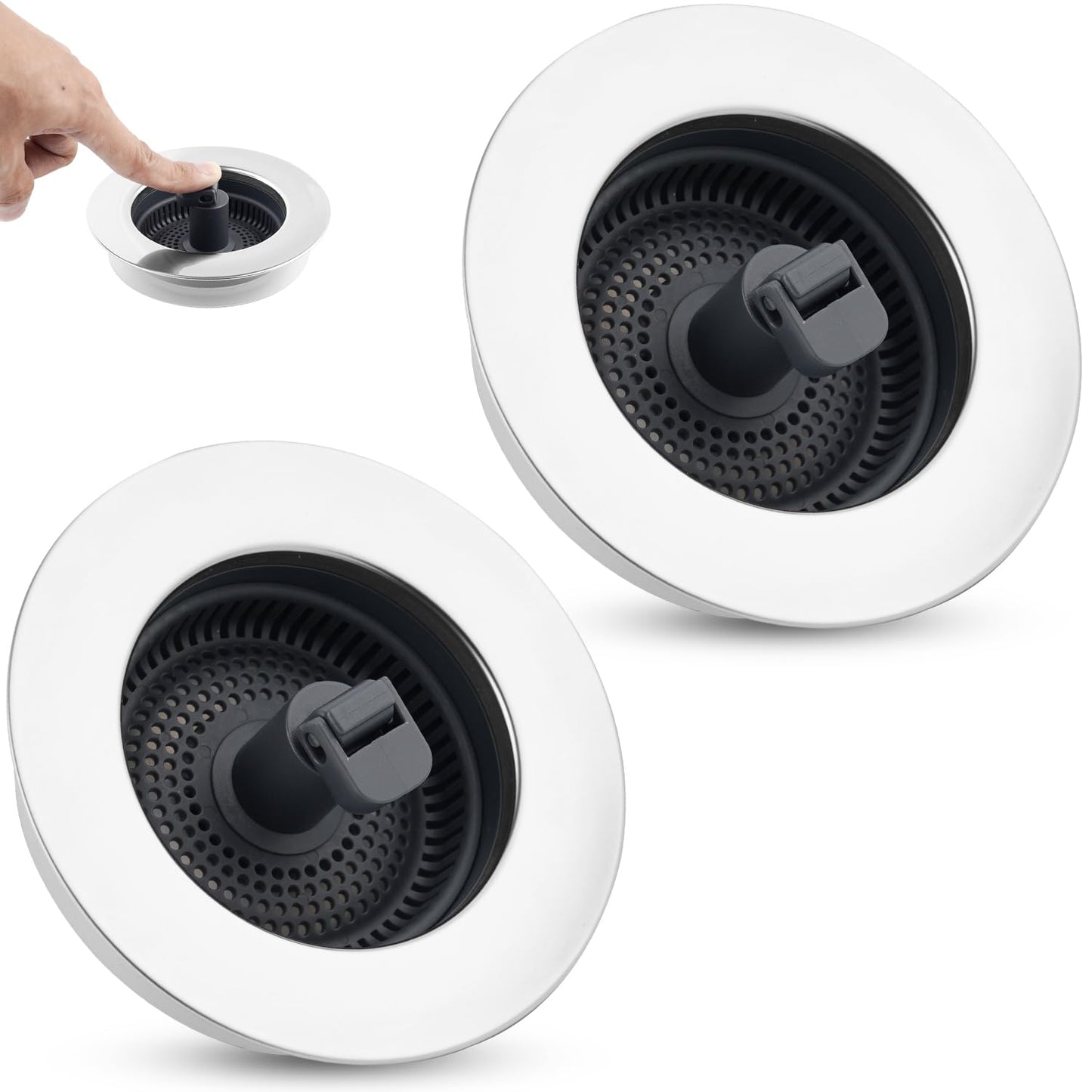 Hygie Rinse 3-in-1 Kitchen Sink Strainer Stopper, 2PCS Universal Pop Up Sink Drainer with Upgrade Folded Handle, for US Standard 3-1/2 inch Drain Filter, Chrome Stainless-wraped Shell, Anti-clog