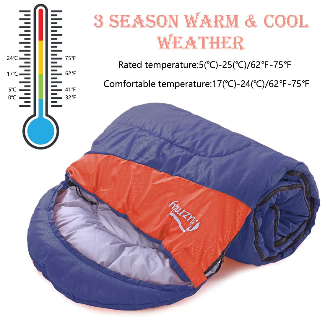 Kuzmaly Camping Sleeping Bag 3 Seasons Lightweight &Waterproof with Compression Sack Camping Sleeping Bag Indoor & Outdoor for Adults & Kids
