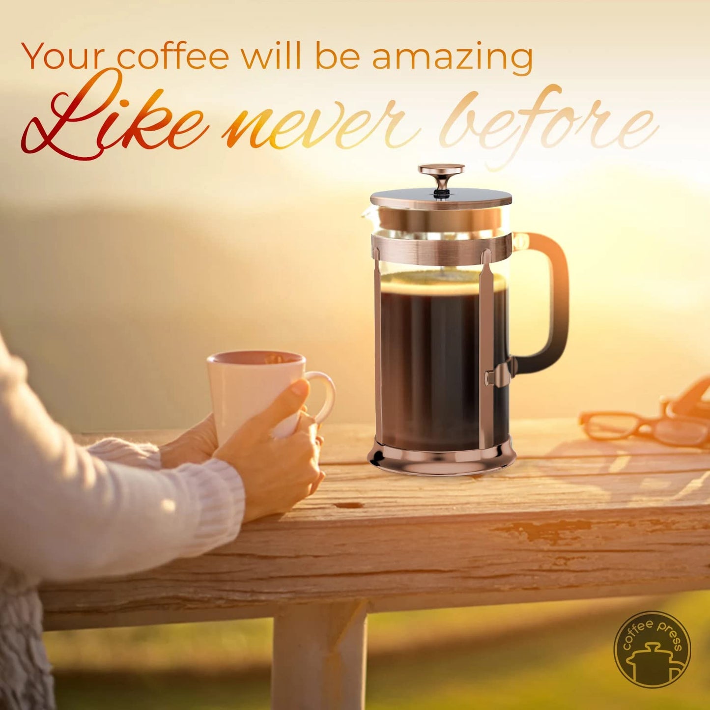 EzDtach French Press Coffee Maker with 2 Extra Screens, 34oz, French Press Stainless Steel 304 Grade, Easy Disassemble Design Double Filter, Thick Heat Resistant Glass Pot (Copper)