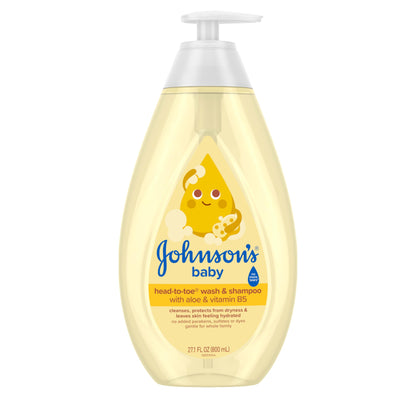 Johnson's Baby Head-To-Toe Baby Wash & Shampoo + Aloe & Vitamin B5, 2-in-1 Bath Wash Gently Cleanses Newborn's Delicate Skin & Hair, Hypoallergenic, No Added Parabens, Dyes & Sulfates, 27.1 fl. oz