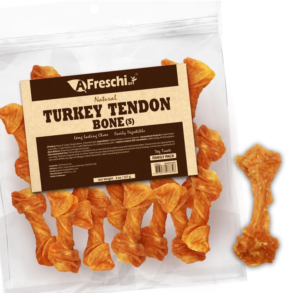 AFreschi Natural Turkey Tendon Bone (S) 8 oz, USA-Sourced Turkey Tendon, All Natural Puppy Chew, Hypoallergenic, Rawhide Alternative, for Small Breeds