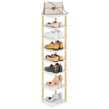 LUCKNOCK Vertical Shoe Rack, 8-Tier Tall Narrow Shoe Organizer for Entryway, Closet, Dorm & Small Spaces, Freestanding White Wooden Shoe Shelf Tower for Boots, Sneakers, Heels.