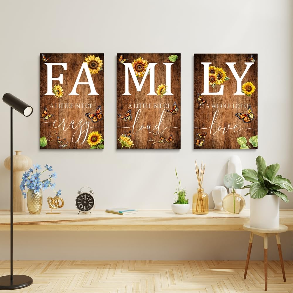 GUBIYU Farmhouse Family Wall Art Set of 3, Rustic Wall Decor for Living Room & Dining Room, Retro Brown Wood Wall Art - Butterfly & Sunflower Decor, 12"x16"