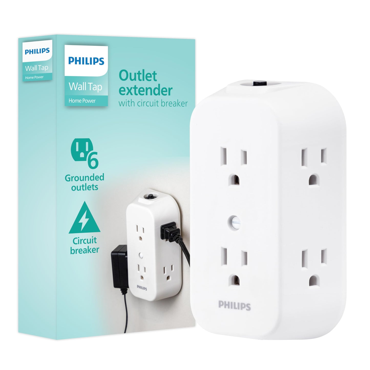 Philips 6-Outlet Extender, Grounded Wall Tap, Reset Button, Circuit Breaker, Adapter Spaced Outlets, 3-Prong, Multiple Plug, Quick and Easy Install, Cruise Essentials, ETL Listed, White, SPS1460WA/37