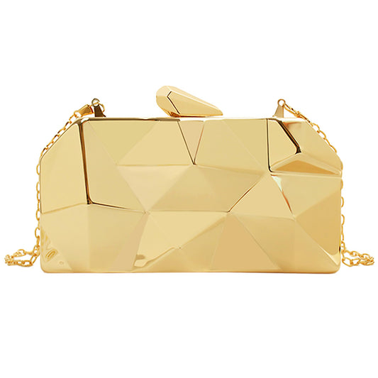 Reberomantic Women Lattice Pattern Metal Handbag Chain Geometric Evening Clutch Purse (G-Large Gold)