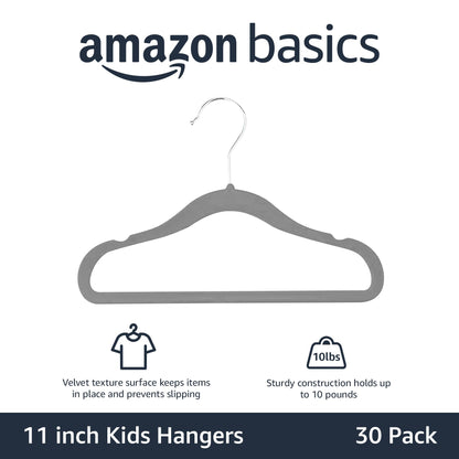 Amazon Basics Kids Velvet, Non-Slip Clothes Hangers (baby/toddler), 11.6 inches (for baby clothes), Pack of 30, Gray