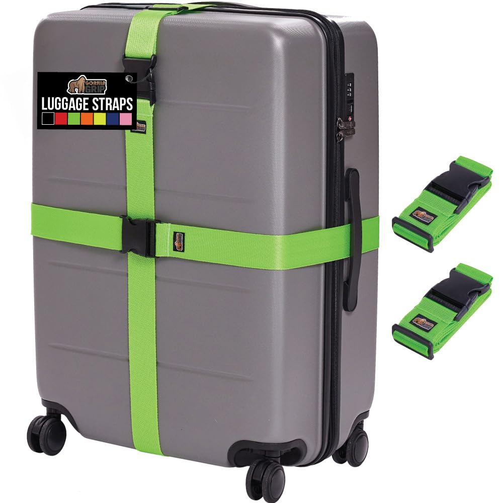 GORILLA GRIP Heavy Duty Adjustable Luggage Straps for Suitcases, Easy to Identify Travel Belt Connector Holds Suitcase Together, Extends Life of Bag, Strap Connects Two Bags, Accessories 2 Pack Green