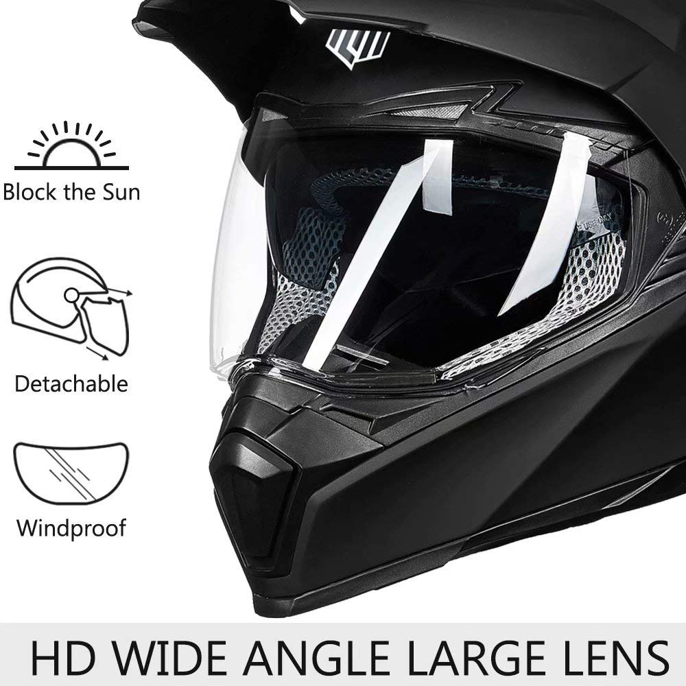 ILM Off Road Motorcycle Dual Sport Helmet Full Face Sun Visor Dirt Bike ATV Motocross Casco DOT Certified Model 606V (Matte Black, Large)