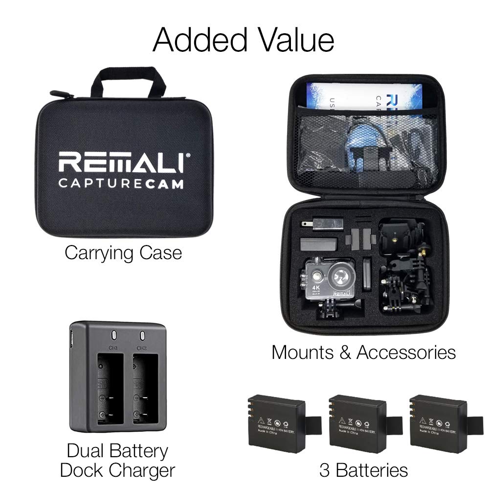 REMALI CaptureCam 4K60FPS Waterproof Action Camera 21-Piece Complete Kit and 3 Batteries — Amazing Family Sports Camera That Captures Best Moments — Great for Baseball, Fishing & Travel Adventures