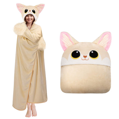 Mewaii Wearable Oversized Blanket Hoodie for Adults, Fennec Fox Blanket Hooded Cloak, Warm and Cozy Flannel Cute Blanket Hoodie, Funny Blanket Christmas Gifts for Women And Males