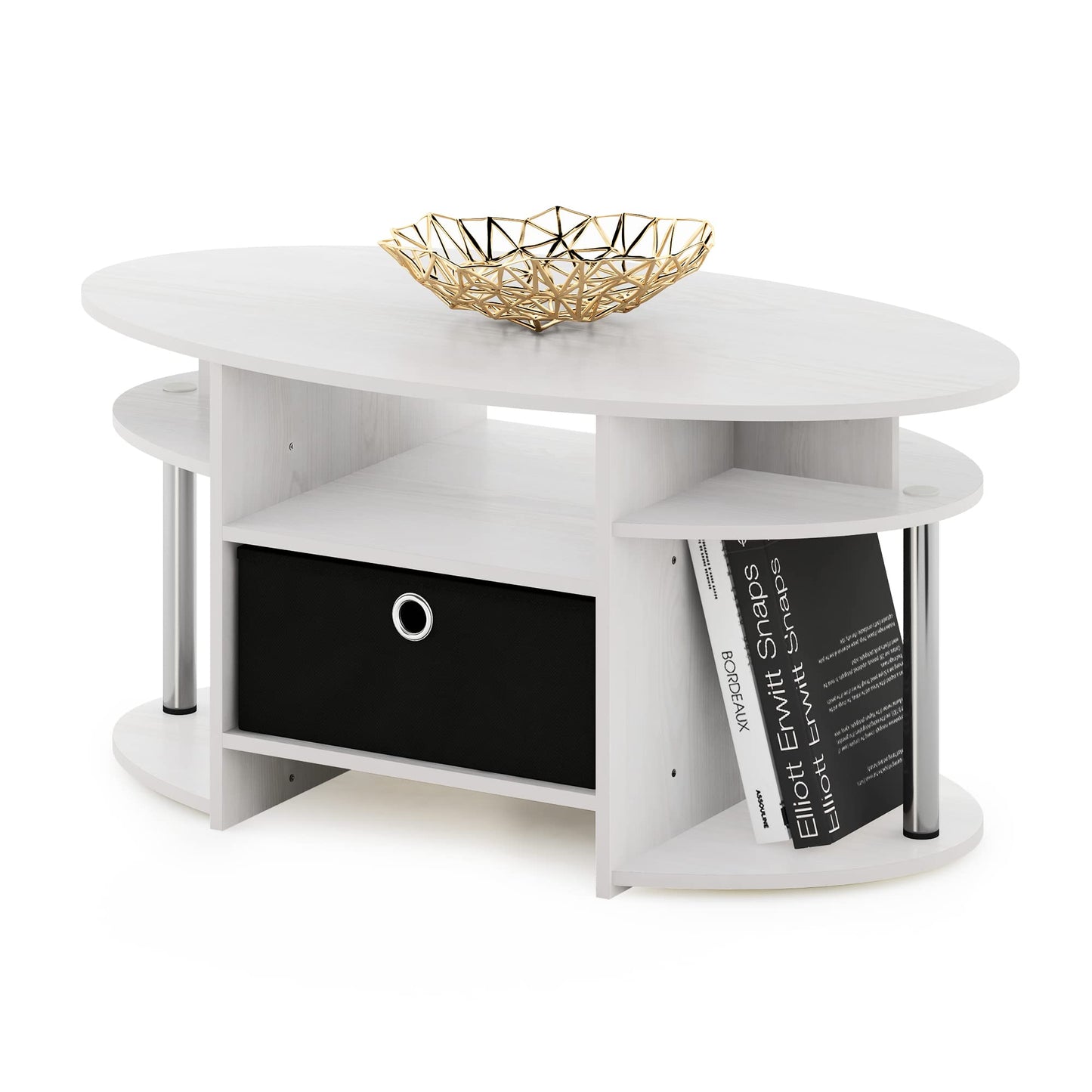 Furinno Jaya Simple Design Oval Coffee Table with Bin for Living Room, White Oak/Chrome/Black