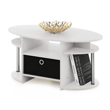 Furinno Jaya Simple Design Oval Coffee Table with Bin for Living Room, White Oak/Chrome/Black