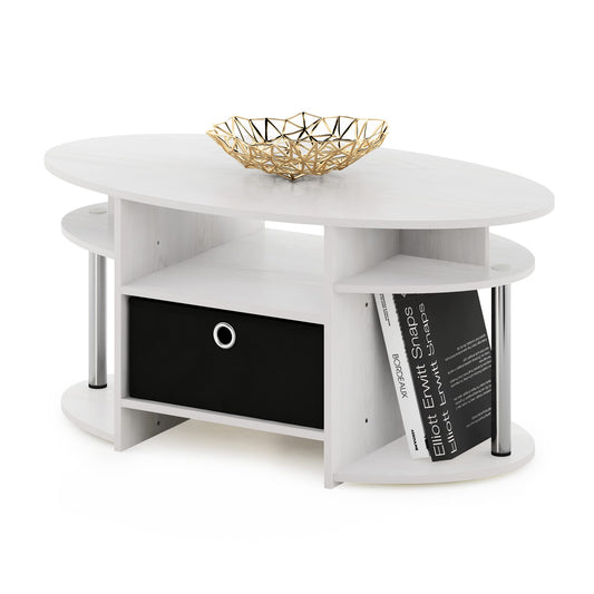 Furinno Jaya Simple Design Oval Coffee Table with Bin for Living Room, White Oak/Chrome/Black