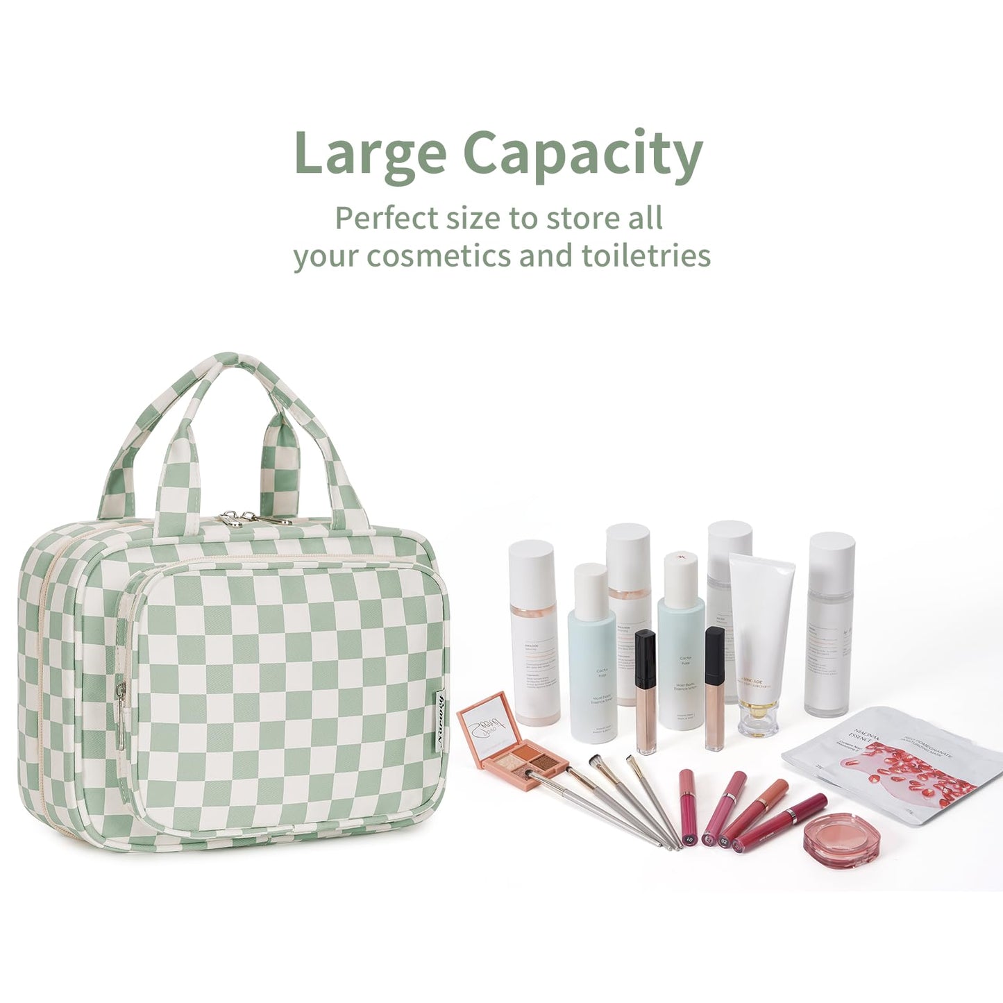 Narwey Hanging Toiletry Bag for Women Travel Checkered Makeup Bag Organizer Toiletries Bag for Travel Size Essentials Accessories Cosmetics (Mint Green Checkerboard (Medium))