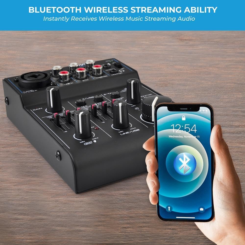 Pyle 3-Channel Bluetooth Audio Mixer - DJ Sound Controller w/ USB Soundcard for PC Recording - XLR - 3.5mm Mic Jack - 18V Phantom Power - RCA I/O - LED Indicators - Beginner & Studio Use - PAD30MXUBT