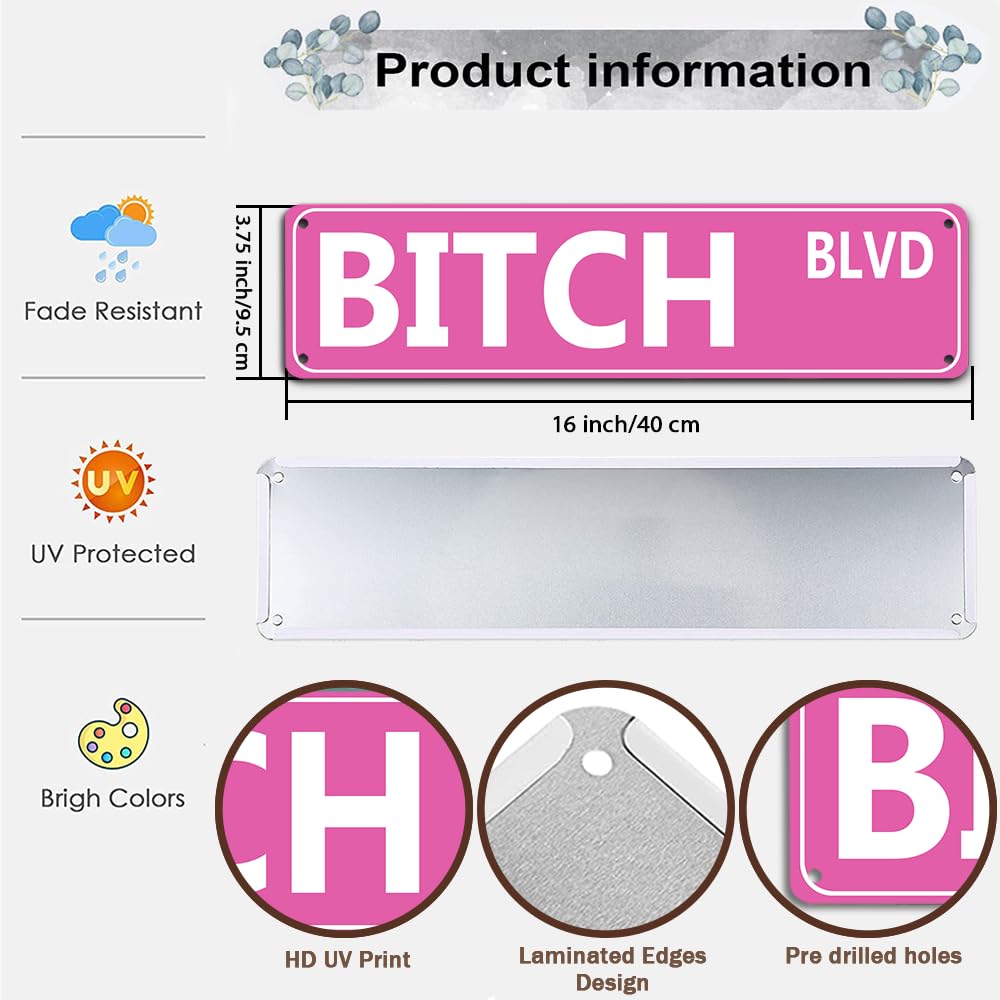 Retro Pink Tin Metal Sign - 'BITCH BLVD' - Bold Statement Decor for Home, Bar, or Dorm - 16x4 Inches - Unique Gift Idea for Friends(B71)