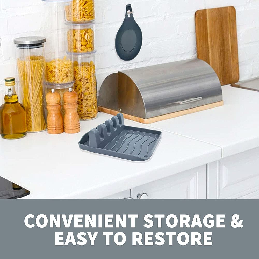 LSVGOE 2 Pack Multiple Utensil Spoon Rest with Drip Pad Non-Slip Heat Resistant Kitchen and Grill Spoon Holder for Spatula, Ladle, Tongs, Kitchen Gadgets, and Cooking Accessories (Silver Gray)