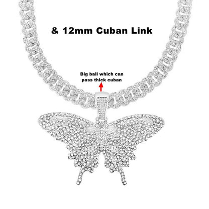 HH BLING EMPIRE Iced Out Silver/Gold Diamond Butterfly Necklace for Men Women, Hip Hop Big Butterfly Pendant with Rope/Tennis/Cuban Link Chains 22 Inch (Silver butterfly A & Tennis Chain)