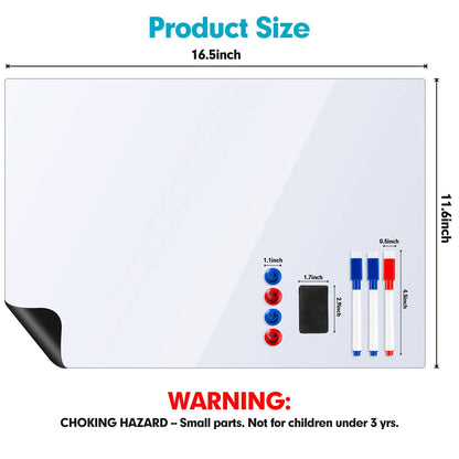 Magnetic Dry Erase White Boards for Refrigerator, 2 Pack 17”x12” Fridge Whiteboards Menu Organizer Boards, 3 Markers with Eraser, 1 Big Dry Eraser and 4 Pin Magnets for Grocery List, Planner, Kitchen