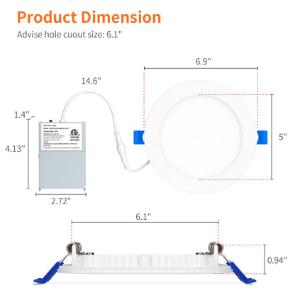 Meconard 12 Pack 6 Inch 5CCT LED Canless Recessed Lighting with Night Light, 2700K/3000K/3500K/4000K/5000K Selectable Ultra-Thin LED Ceiling Lights, 12W=110W, 1050LM, Dimmable Wafer Downlight ETL&FCC