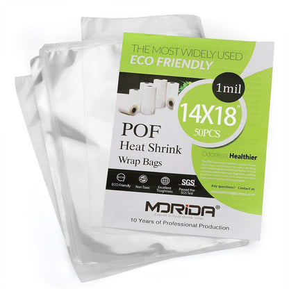 MORIDA 50 pcs 14X18 inch POF Heat Shrink Wrap Bags 100 Gauge, Softer, Clear Film for Gifts, Basket, Soaps Bottles, DIY Handmade Crafts, Odorless, Non-Toxic, Food Safety Quality