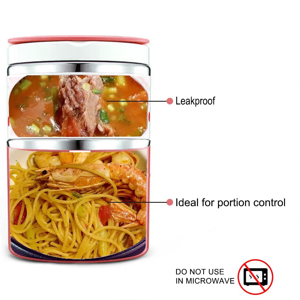 Lille Home Vacuum Insulated Stackable Stainless Steel Thermal Lunch/Snack box, 2-Tier Bento/Food Container with Lunch bag, Smart Diet, Weight Control, 32 Ounces, Pink