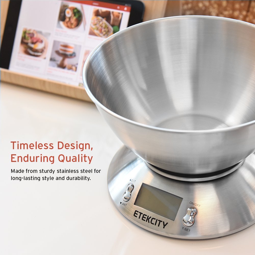 Etekcity Food Kitchen Scale with Bowl, Digital Weight Scale for Food Ounces and Grams, Cooking and Baking, Timer, and Temperature Sensor, 2.06 QT, Stainless Steel