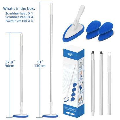 Qaestfy Shower Bathtub Tub Tile Scrubber Cleaning Brush with 51'' Handle, 5 Non-Scratch Scouring Pads, Adjustable Long Handled Scrub Brush for Cleaning Shower Bathroom Vessel Sinks Toilet Wall Floor