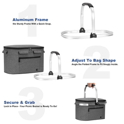 ALLCAMP Insulated Cooler Bag Portable Collapsible Picnic Basket Cooler Bag Collapsible, Leakproof, Lightweightwith Sewn in Frame (Medium Gray)