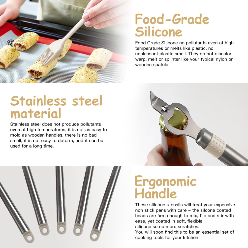 Kitchen Utensil Set-Silicone Cooking Utensils-33 Kitchen Gadgets & Spoons for Nonstick Cookware-Silicone and Stainless Steel Spatula Set-Best Kitchen Tools, Useful Pots (Khaki)