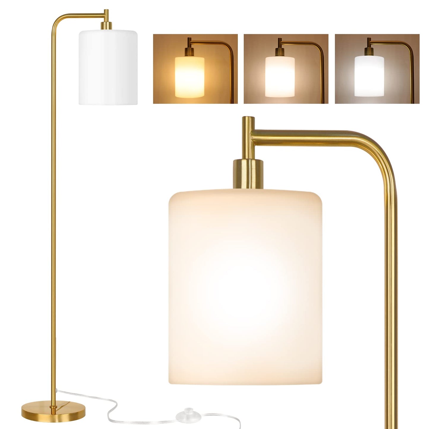 QiMH Floor Lamps for Living Room, Modern Standing Lamp with Frosted Glass Shade, Industrial Floor Lamp - Foot Switch, Gold Tall Pole Lamp for Bedroom Home Office (LED Bulbs Included)