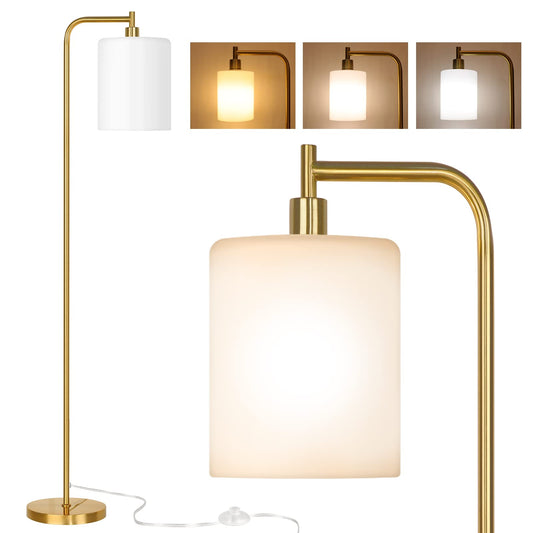 QiMH Floor Lamps for Living Room, Modern Standing Lamp with Frosted Glass Shade, Industrial Floor Lamp - Foot Switch, Gold Tall Pole Lamp for Bedroom Home Office (LED Bulbs Included)
