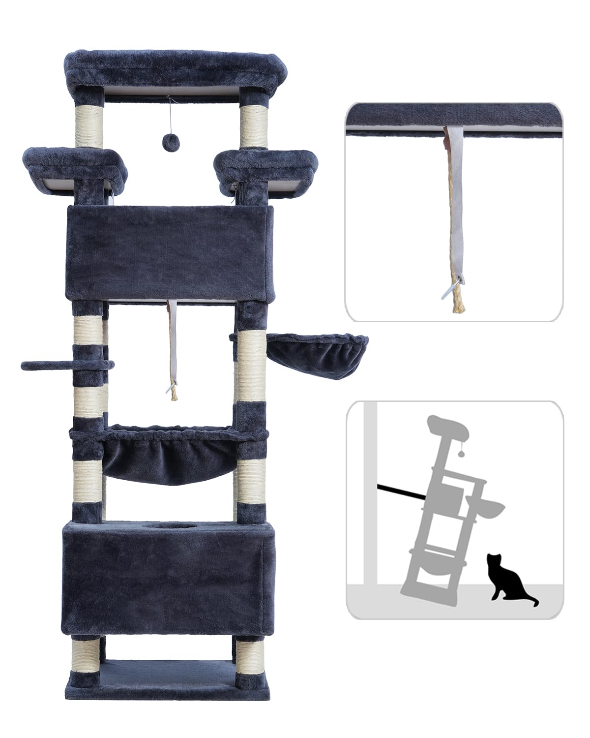 Gitelsnour Cat Tree for Indoor Cats Large Adult, 74" Cat Tower with 3 Big Platforms, 2 Baskets, 2 Condos, Multi-Level Cat Scratching Posts, Smoky Gray GCT030G